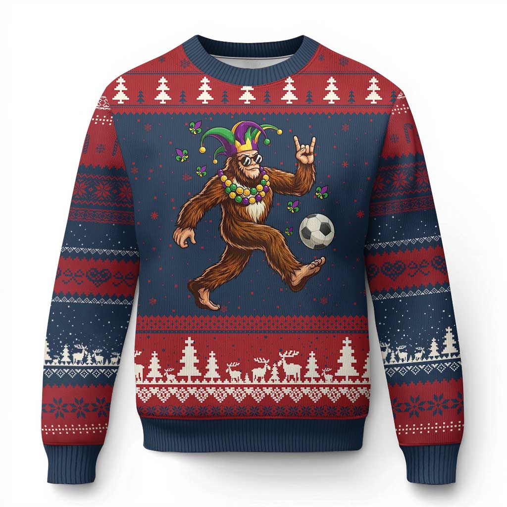 Funny Mardi Gras Bigfoot Playing Soccer Ugly Christmas Sweater Football Fan Gift TS12 Navy Red Print Your Wear