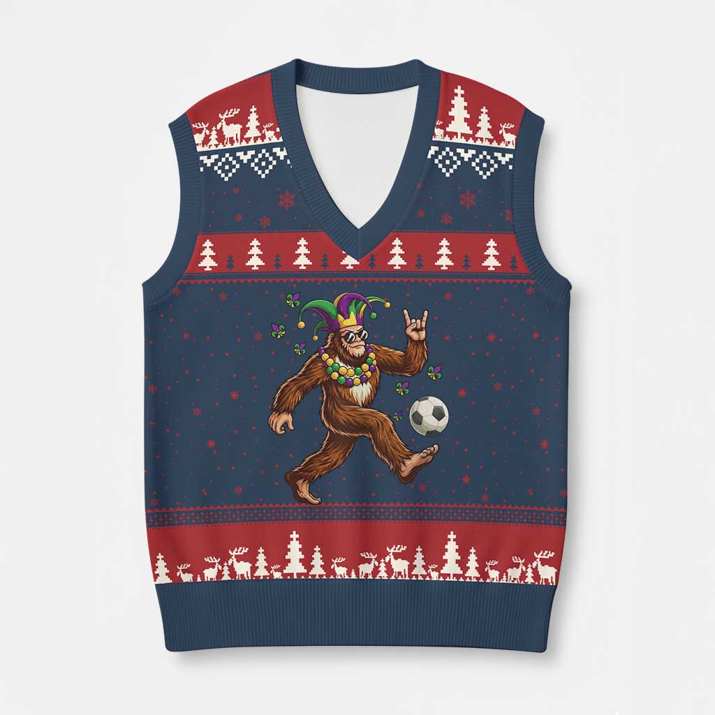 Funny Mardi Gras Bigfoot Playing Soccer V-Neck Knit Sweater Vest Football Fan Gift TS12 Navy Red Print Your Wear
