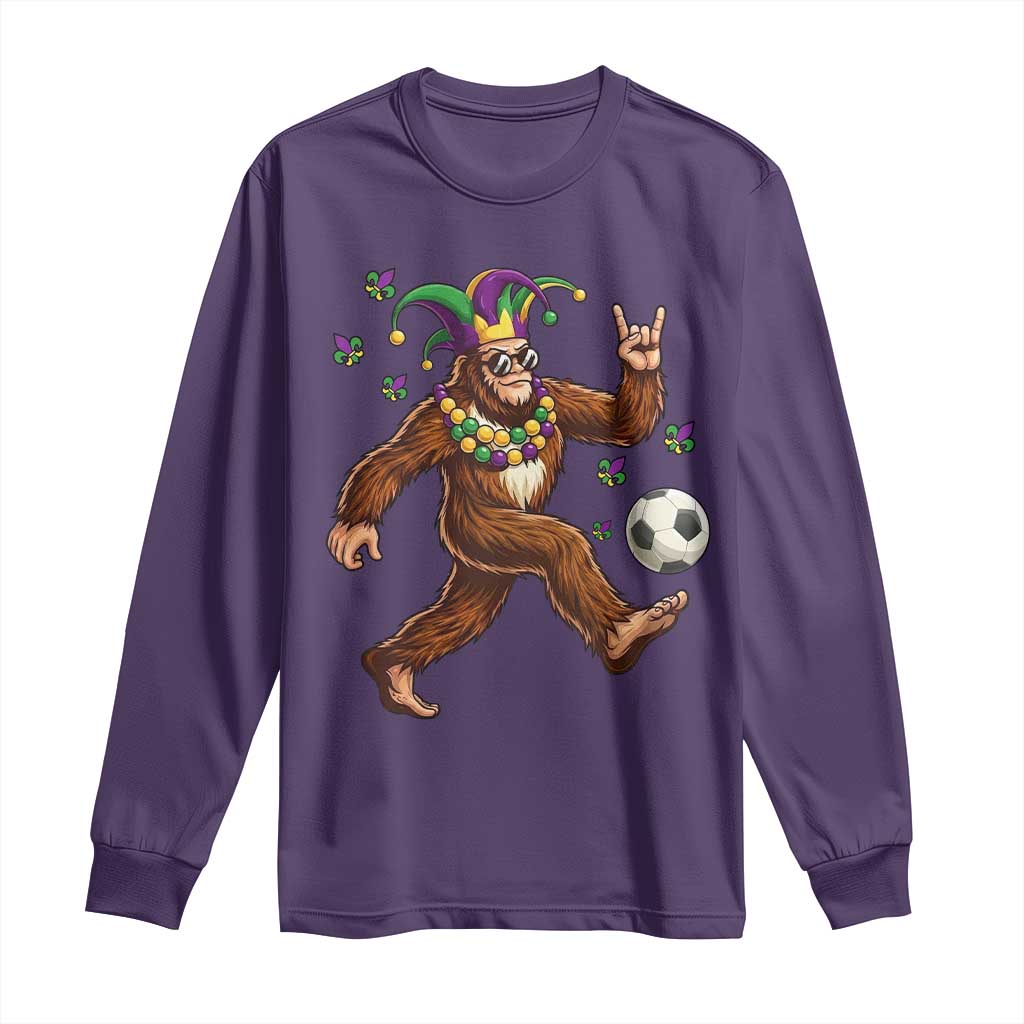 Funny Mardi Gras Bigfoot Playing Soccer Long Sleeve Shirt Football Fan Gift TS12 Purple Print Your Wear