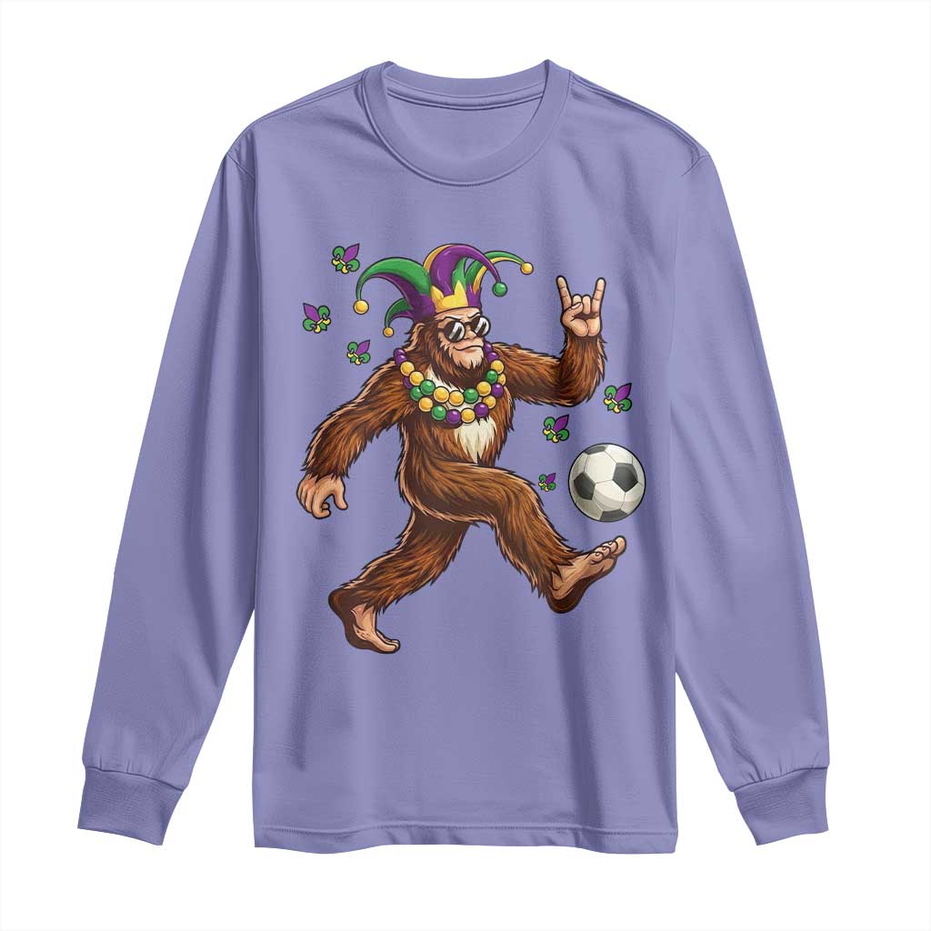 Funny Mardi Gras Bigfoot Playing Soccer Long Sleeve Shirt Football Fan Gift TS12 Violet Print Your Wear