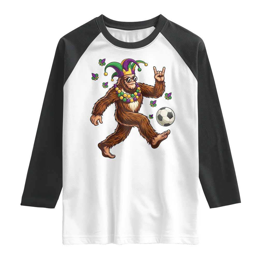Funny Mardi Gras Bigfoot Playing Soccer Raglan Shirt Football Fan Gift TS12 White Black Print Your Wear