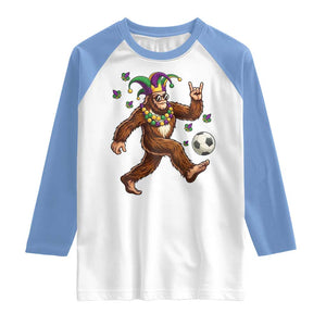 Funny Mardi Gras Bigfoot Playing Soccer Raglan Shirt Football Fan Gift TS12 White Carolina Blue Print Your Wear