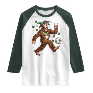 Funny Mardi Gras Bigfoot Playing Soccer Raglan Shirt Football Fan Gift TS12 White Dark Forest Green Print Your Wear