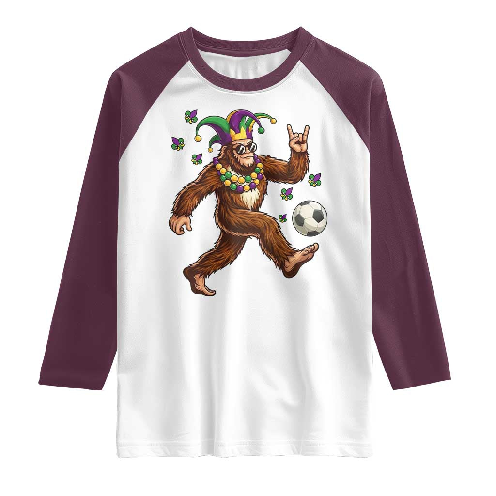 Funny Mardi Gras Bigfoot Playing Soccer Raglan Shirt Football Fan Gift TS12 White Maroon Print Your Wear