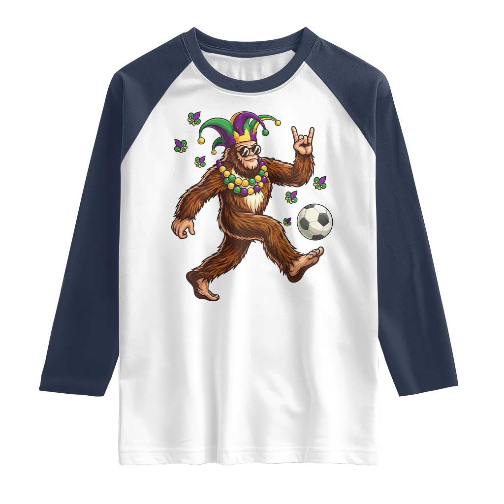 Funny Mardi Gras Bigfoot Playing Soccer Raglan Shirt Football Fan Gift TS12 White Navy Print Your Wear