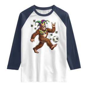 Funny Mardi Gras Bigfoot Playing Soccer Raglan Shirt Football Fan Gift TS12 White Navy Print Your Wear