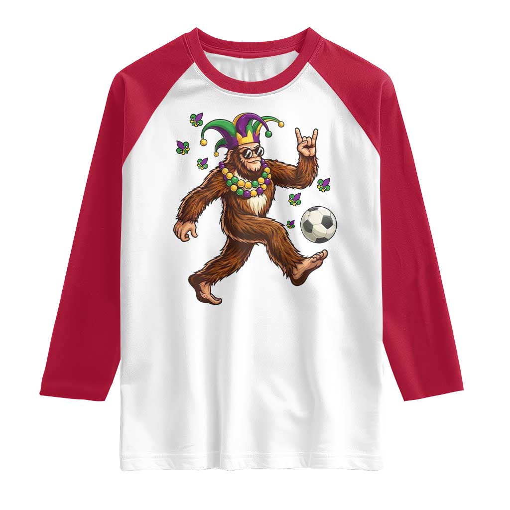 Funny Mardi Gras Bigfoot Playing Soccer Raglan Shirt Football Fan Gift TS12 White Red Print Your Wear
