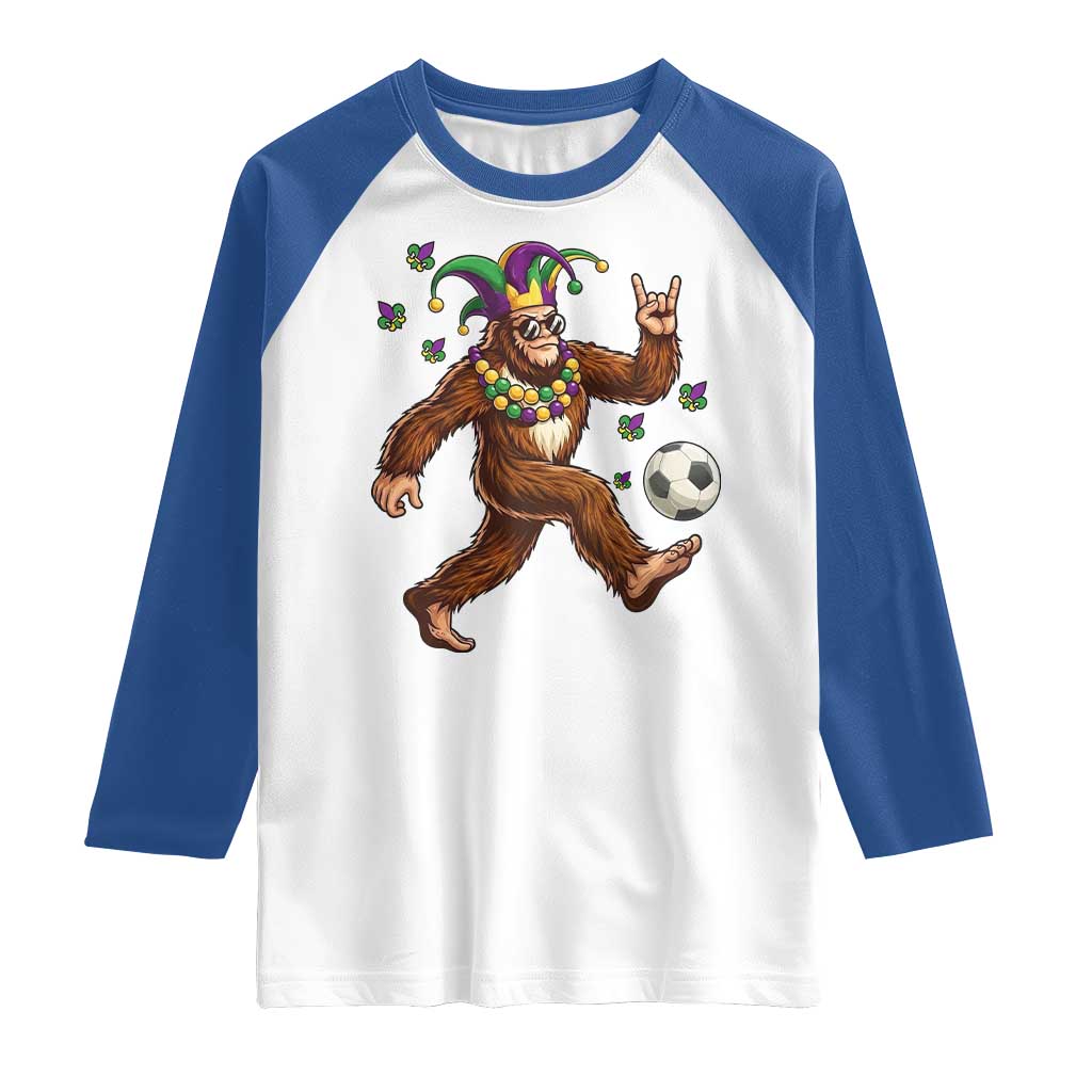 Funny Mardi Gras Bigfoot Playing Soccer Raglan Shirt Football Fan Gift TS12 White Royal Print Your Wear
