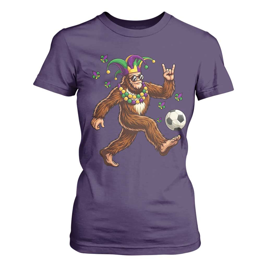 Funny Mardi Gras Bigfoot Playing Soccer T Shirt For Women Football Fan Gift TS12 Purple Print Your Wear