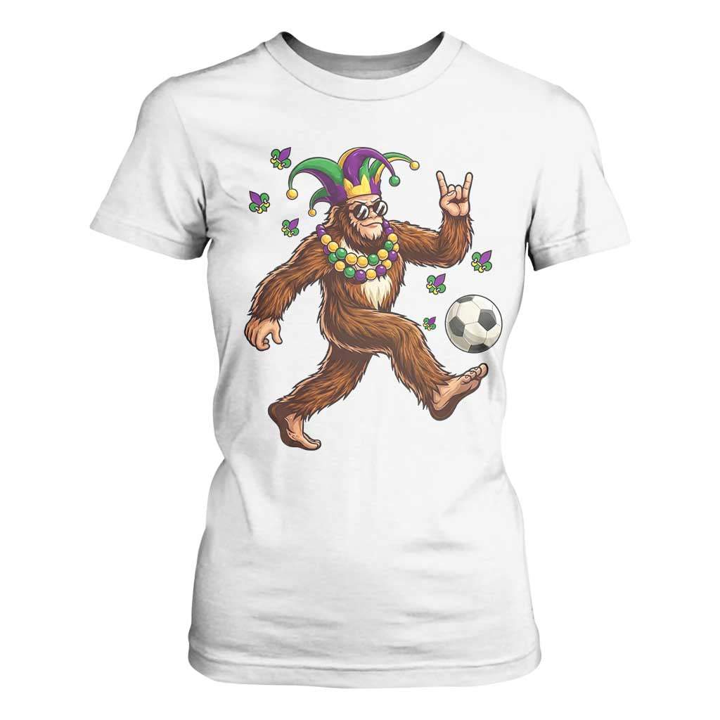 Funny Mardi Gras Bigfoot Playing Soccer T Shirt For Women Football Fan Gift TS12 White Print Your Wear