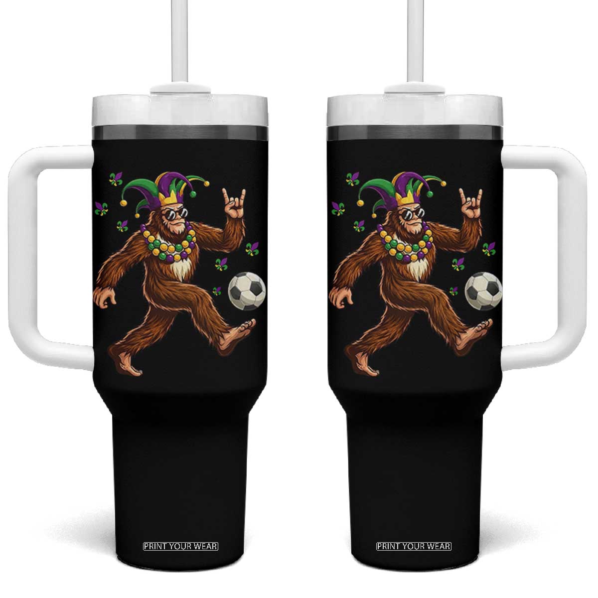 Funny Mardi Gras Bigfoot Playing Soccer Tumbler With Handle Football Fan Gift TS12 One Size: 40 oz Black Print Your Wear