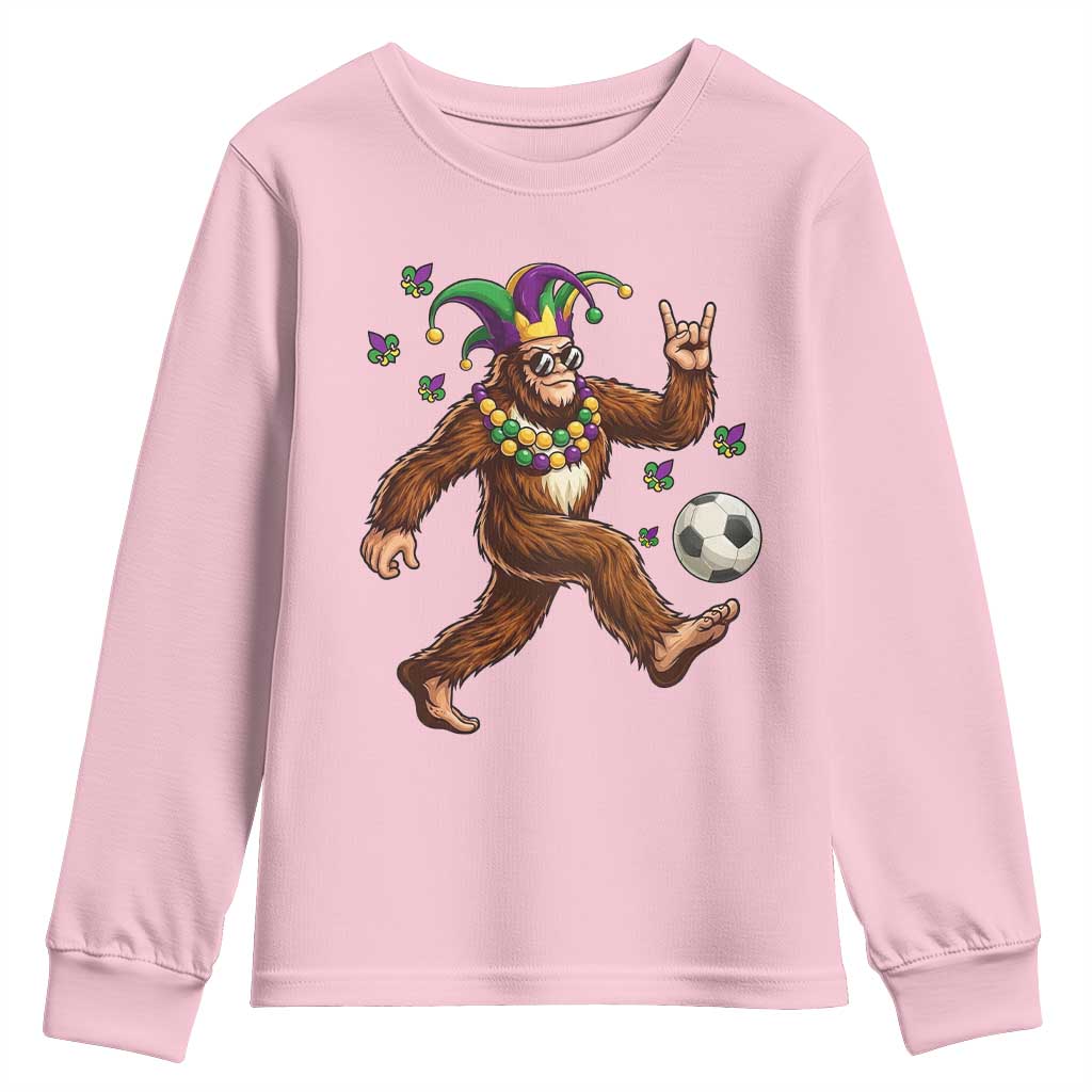 Funny Mardi Gras Bigfoot Playing Soccer Youth Sweatshirt Football Fan Gift TS12 Light Pink Print Your Wear