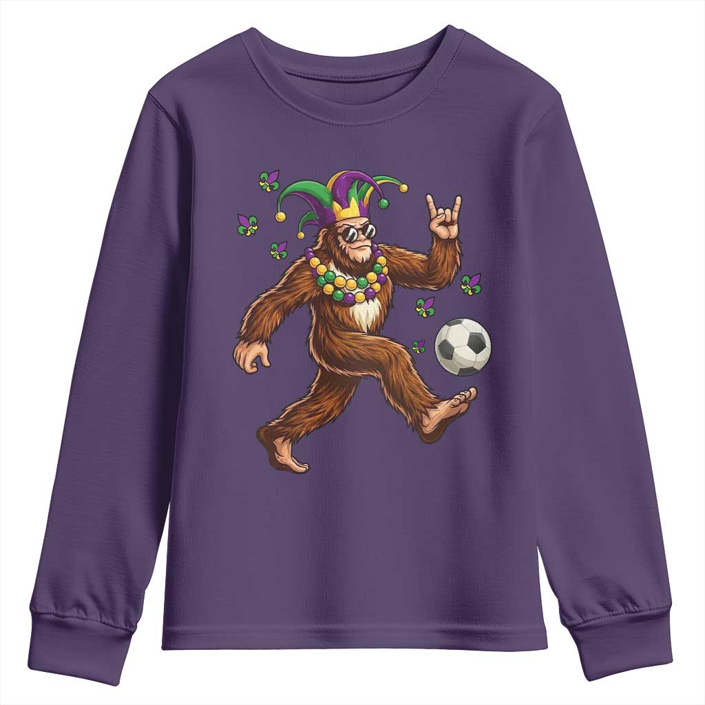 Funny Mardi Gras Bigfoot Playing Soccer Youth Sweatshirt Football Fan Gift TS12 Purple Print Your Wear