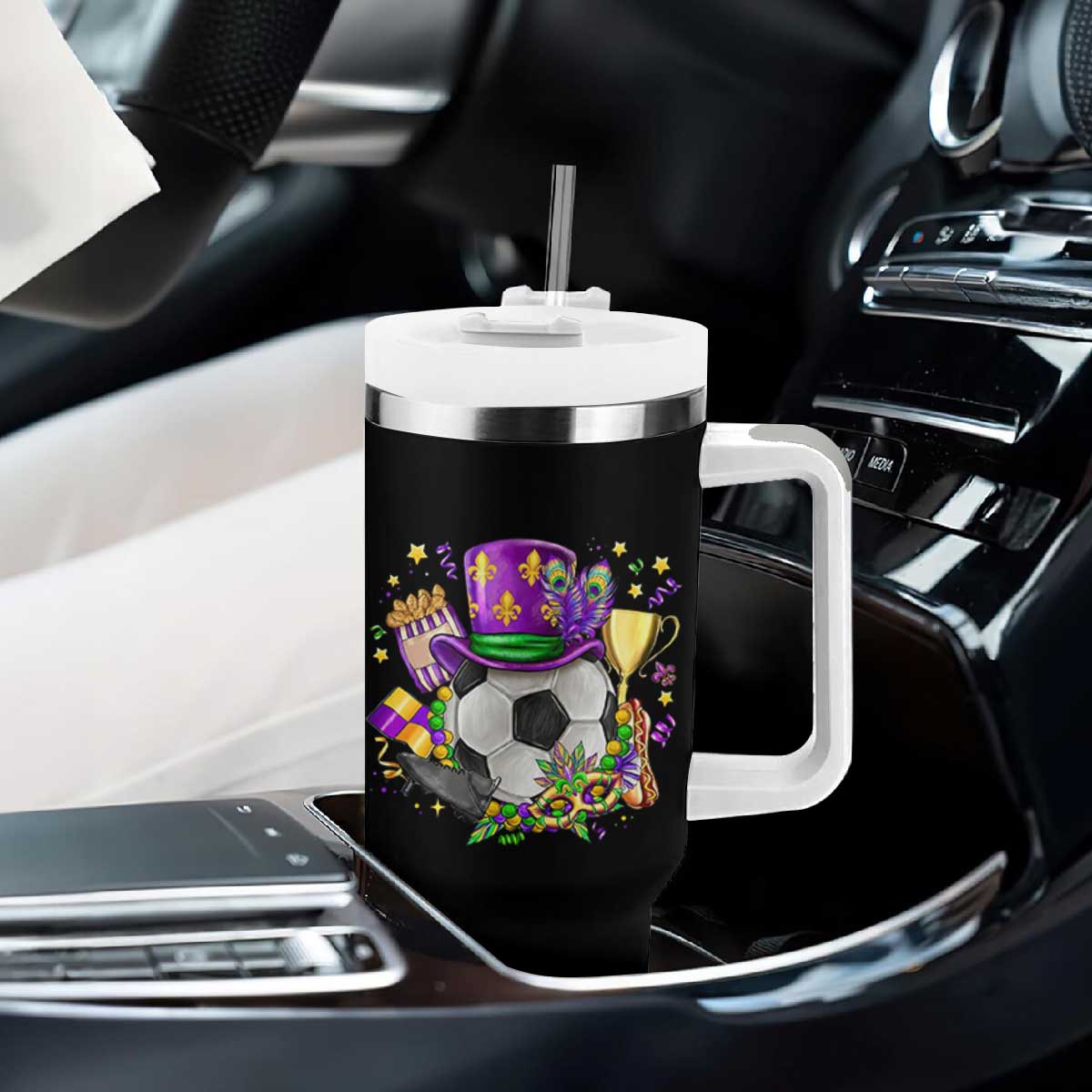 Mardi Gras Soccer Ball Tumbler With Handle Funny Soccer Player Gift TS12 Print Your Wear