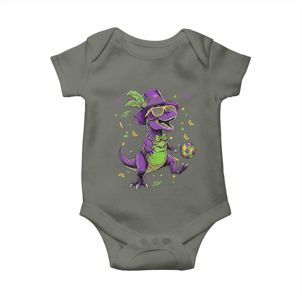 Funny Mardi Gras Dinosaur Playing Soccer Baby Onesie TS12 Military Green Print Your Wear