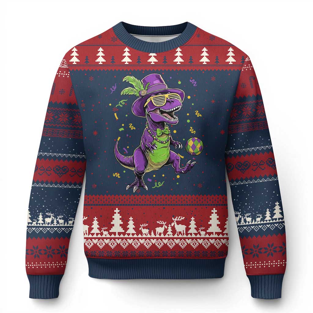 Funny Mardi Gras Dinosaur Playing Soccer Ugly Christmas Sweater TS12 Navy Red Print Your Wear