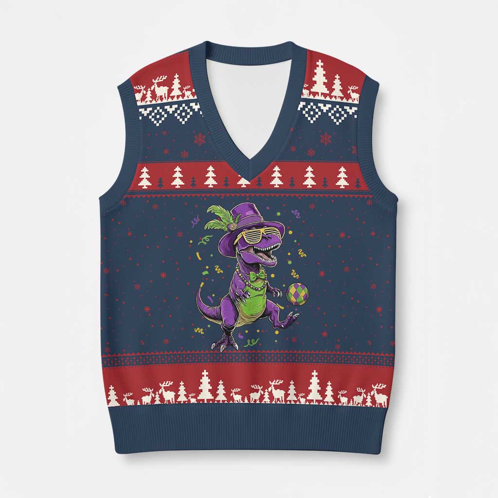 Funny Mardi Gras Dinosaur Playing Soccer V-Neck Knit Sweater Vest TS12 Navy Red Print Your Wear