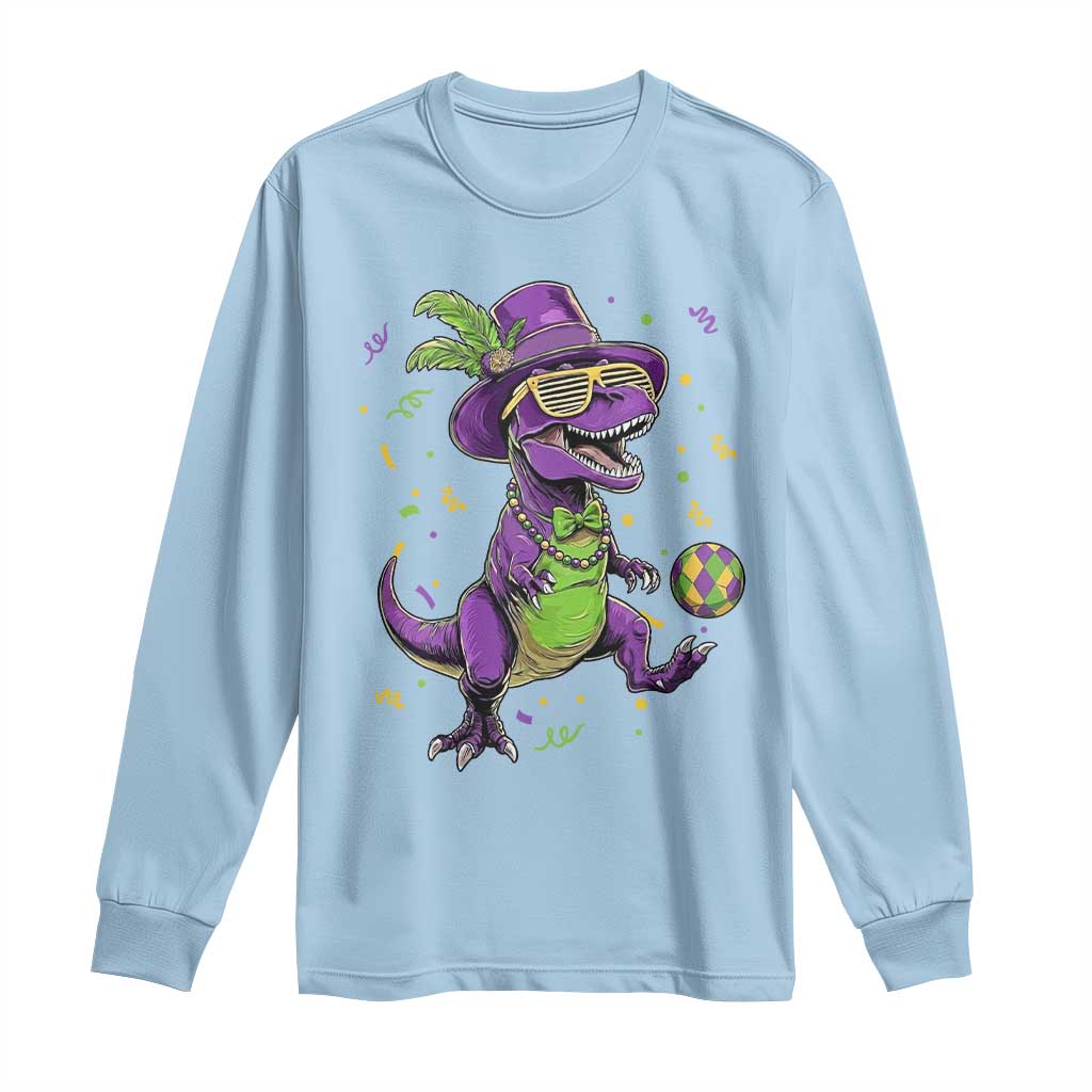 Funny Mardi Gras Dinosaur Playing Soccer Long Sleeve Shirt TS12 Light Blue Print Your Wear
