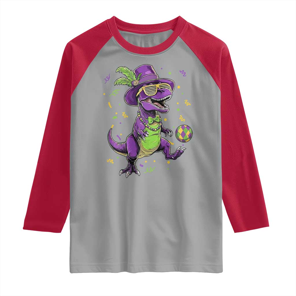 Funny Mardi Gras Dinosaur Playing Soccer Raglan Shirt TS12 Sport Gray Red Print Your Wear