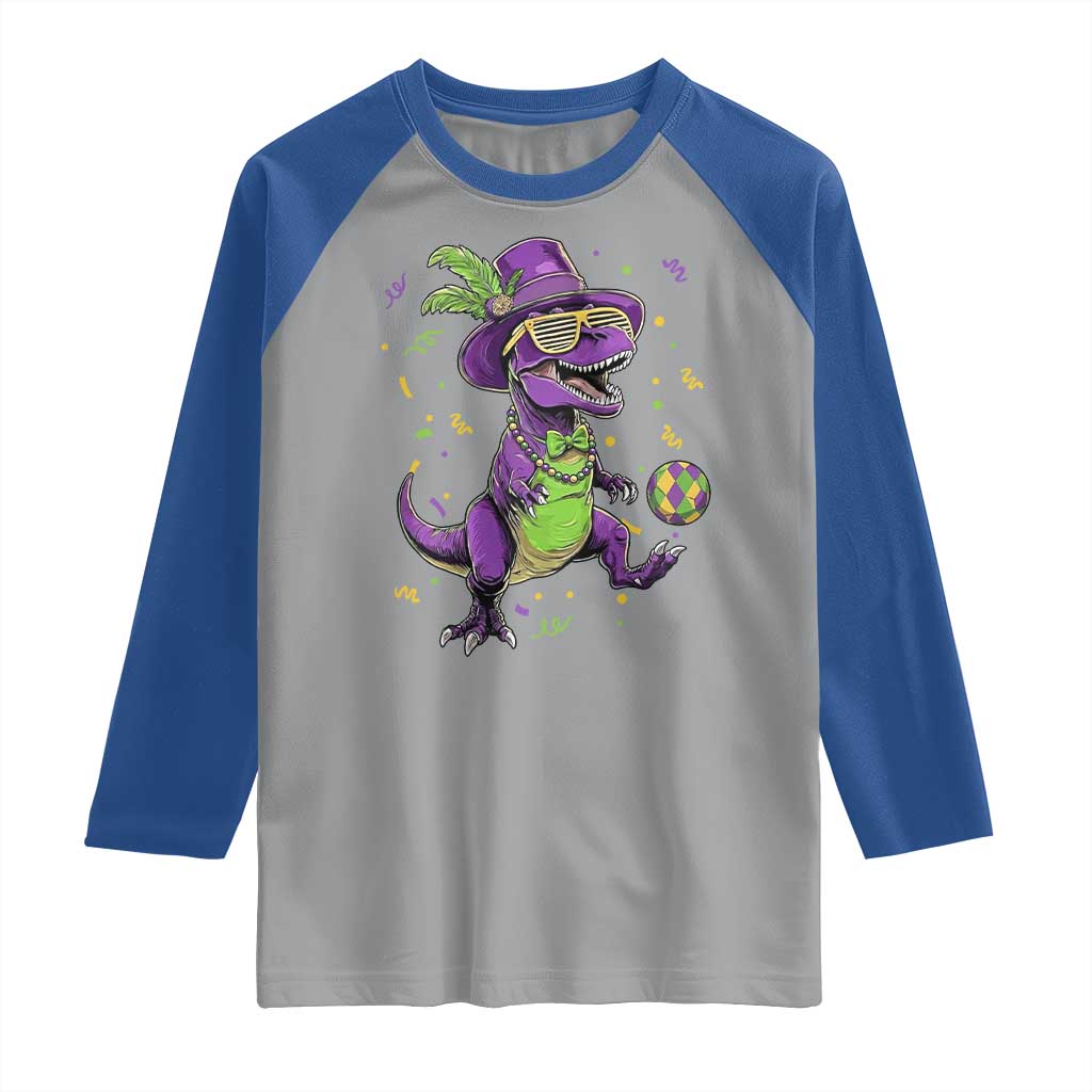 Funny Mardi Gras Dinosaur Playing Soccer Raglan Shirt TS12 Sport Gray Royal Print Your Wear