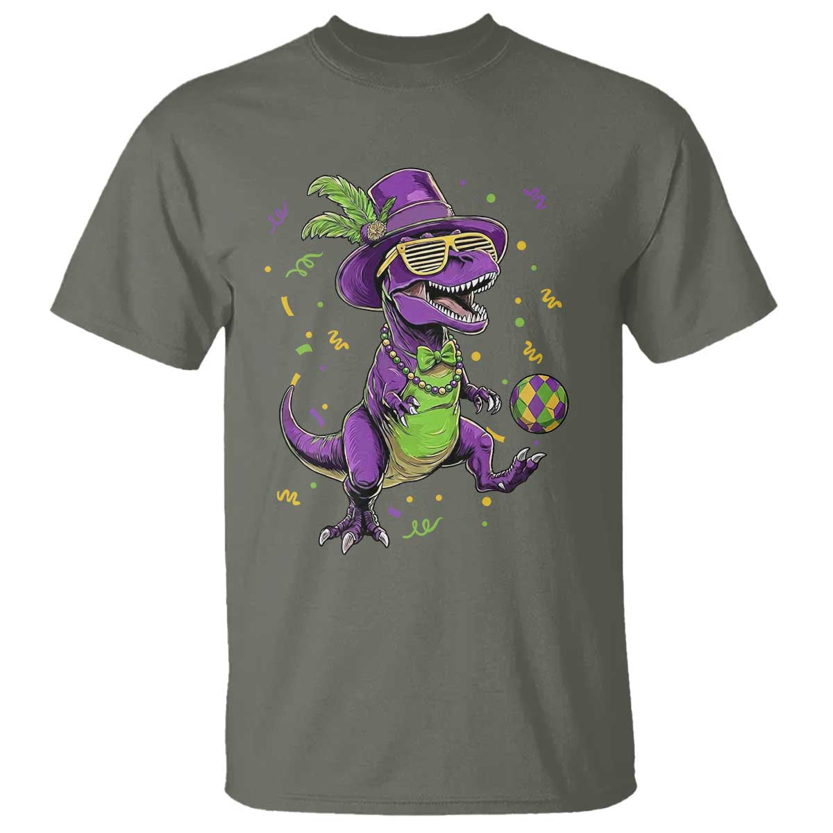 Funny Mardi Gras Dinosaur Playing Soccer T Shirt TS12 Military Green Print Your Wear