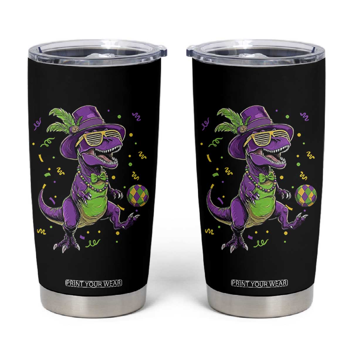 Funny Mardi Gras Dinosaur Playing Soccer Tumbler Cup TS12 Black Print Your Wear