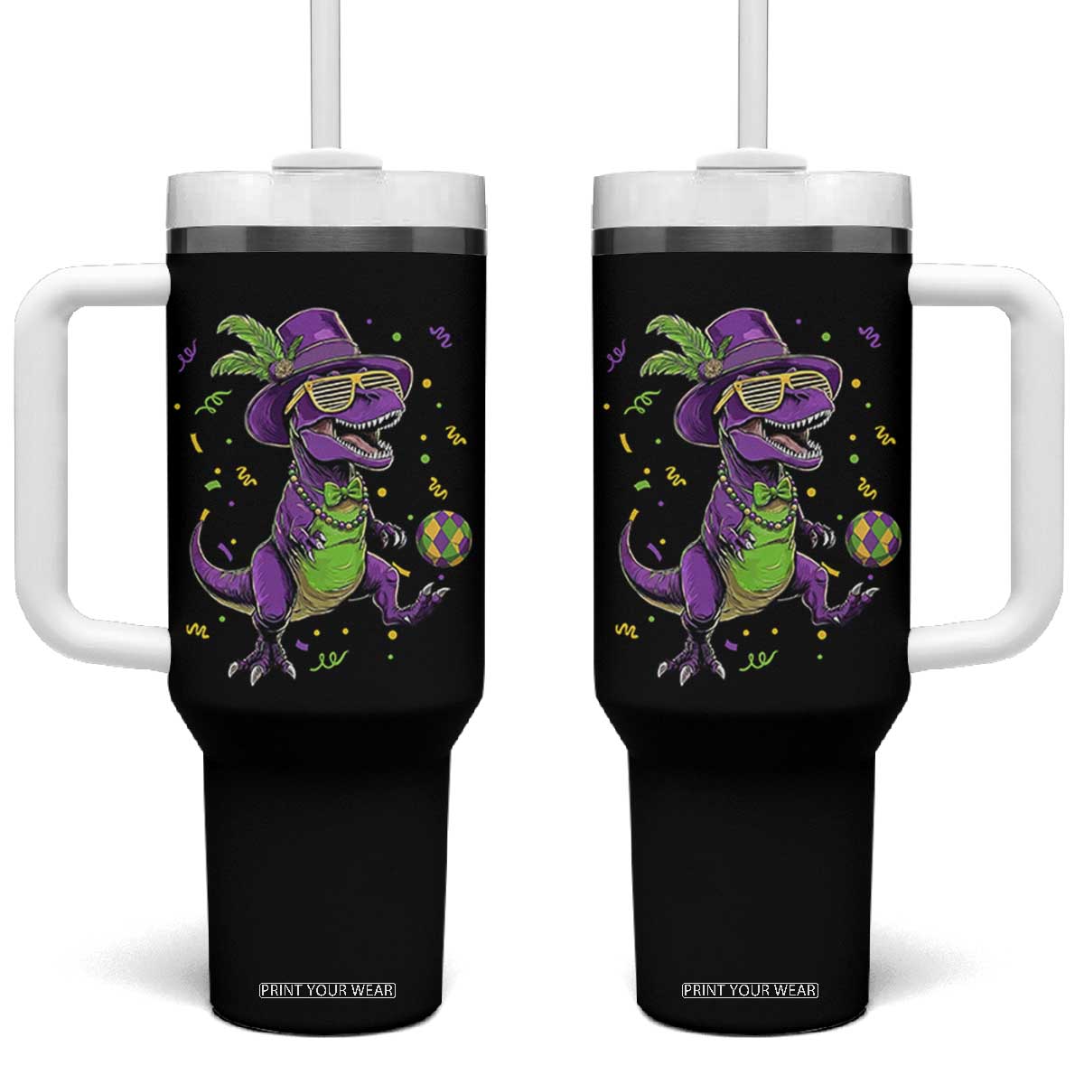 Funny Mardi Gras Dinosaur Playing Soccer Tumbler With Handle TS12 One Size: 40 oz Black Print Your Wear