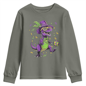 Funny Mardi Gras Dinosaur Playing Soccer Youth Sweatshirt TS12 Military Green Print Your Wear