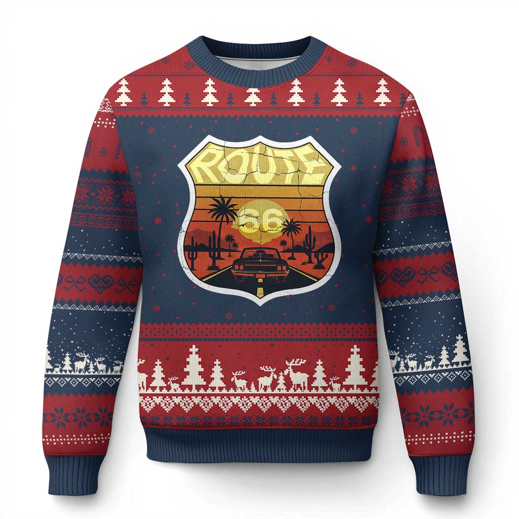 Retro Route Highway 66 Ugly Christmas Sweater Vintage Americana Road Trip TS12 Navy Red Print Your Wear