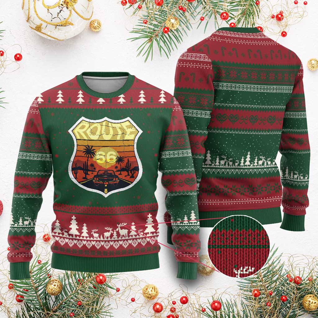 Retro Route Highway 66 Ugly Christmas Sweater Vintage Americana Road Trip TS12 Red Green Print Your Wear