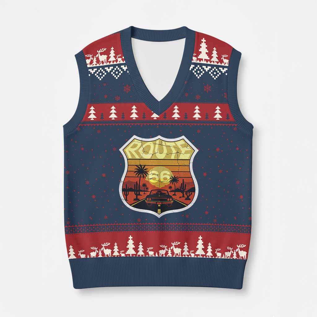 Retro Route Highway 66 V-Neck Knit Sweater Vest Vintage Americana Road Trip TS12 Navy Red Print Your Wear