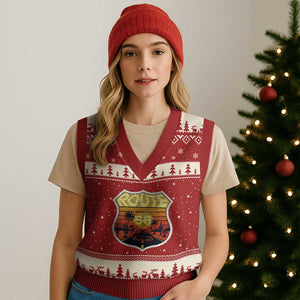 Retro Route Highway 66 V-Neck Knit Sweater Vest Vintage Americana Road Trip TS12 Red Beige Print Your Wear
