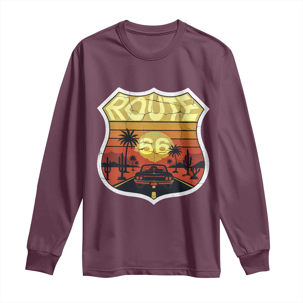 Retro Route Highway 66 Long Sleeve Shirt Vintage Americana Road Trip TS12 Maroon Print Your Wear