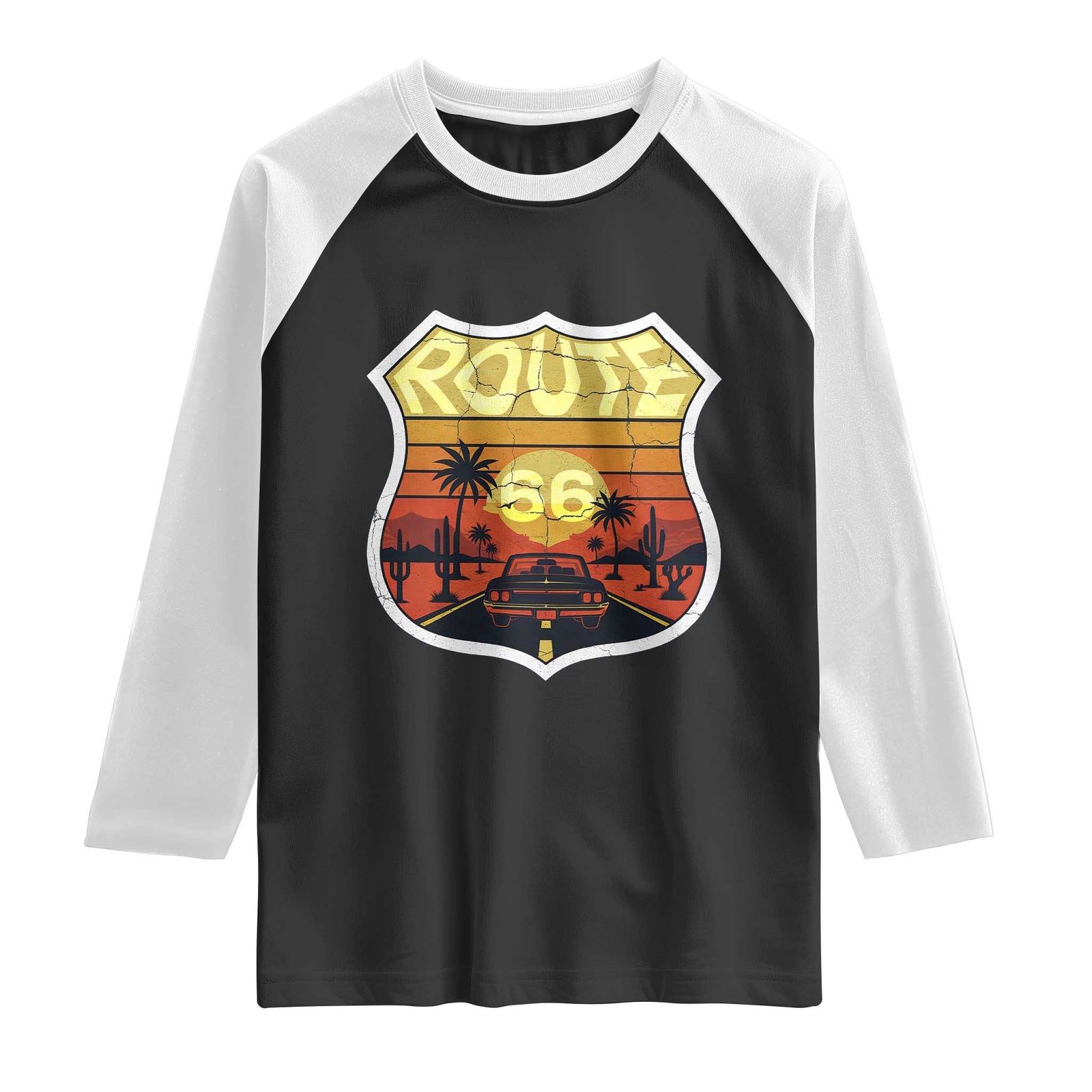 Retro Route Highway 66 Raglan Shirt Vintage Americana Road Trip TS12 Black White Print Your Wear