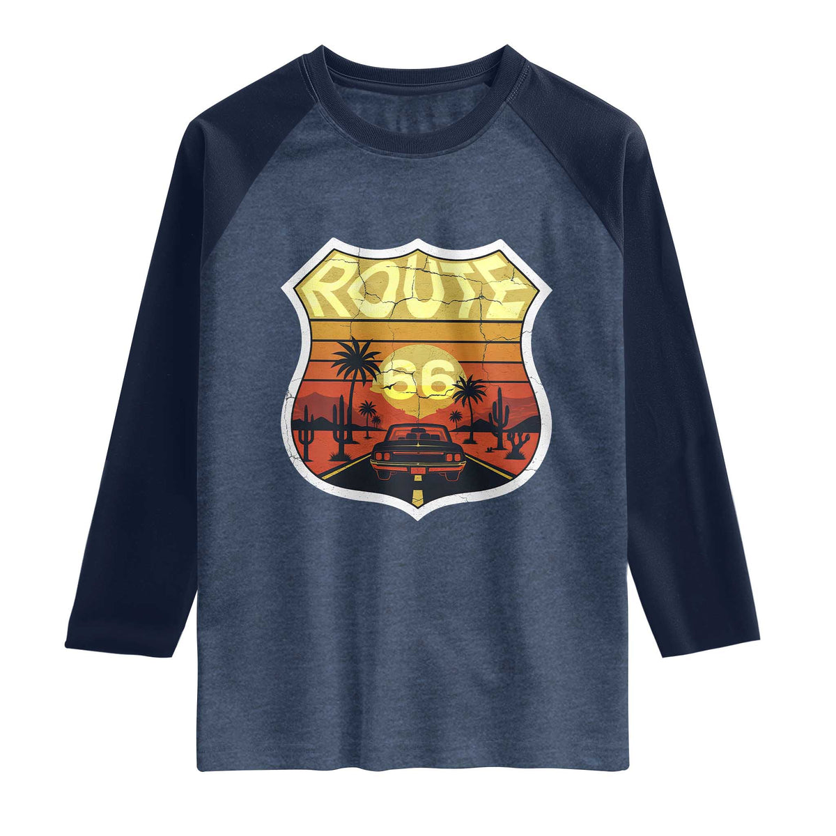 Retro Route Highway 66 Raglan Shirt Vintage Americana Road Trip TS12 Heather Denim Navy Print Your Wear