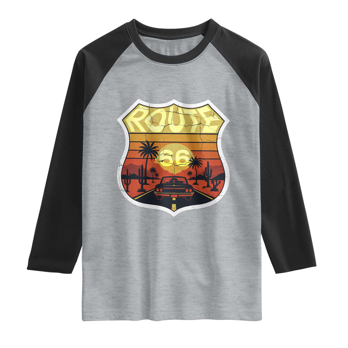 Retro Route Highway 66 Raglan Shirt Vintage Americana Road Trip TS12 Heather Gray Black Print Your Wear