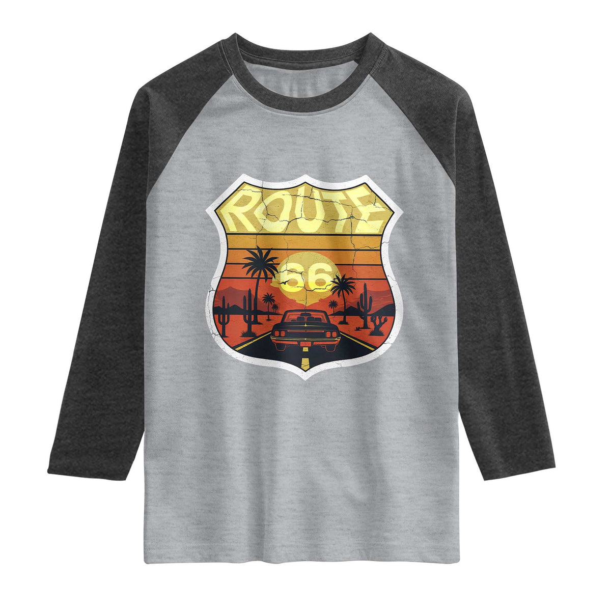 Retro Route Highway 66 Raglan Shirt Vintage Americana Road Trip TS12 Heather Gray Heather Charcoal Print Your Wear