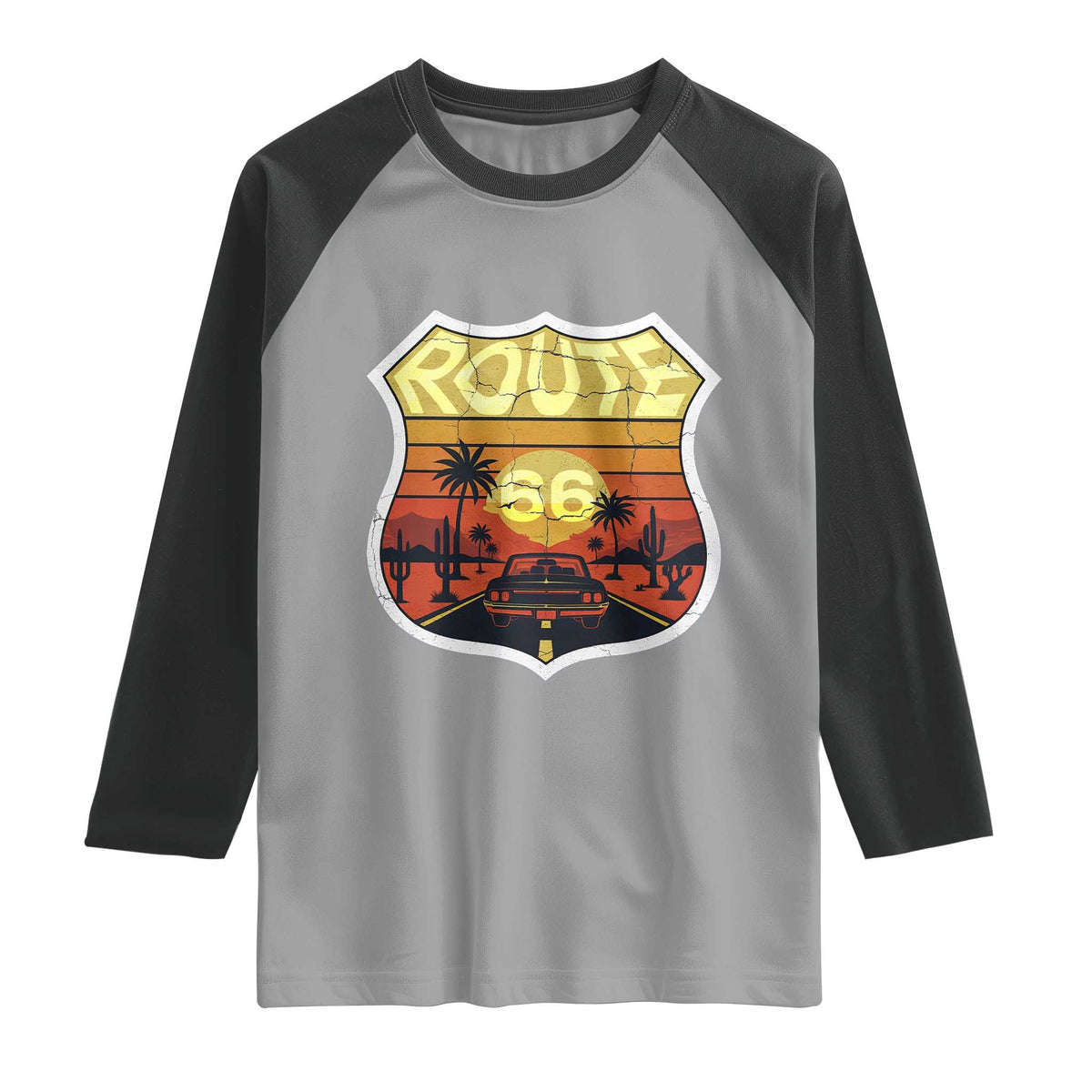 Retro Route Highway 66 Raglan Shirt Vintage Americana Road Trip TS12 Sport Gray Black Print Your Wear