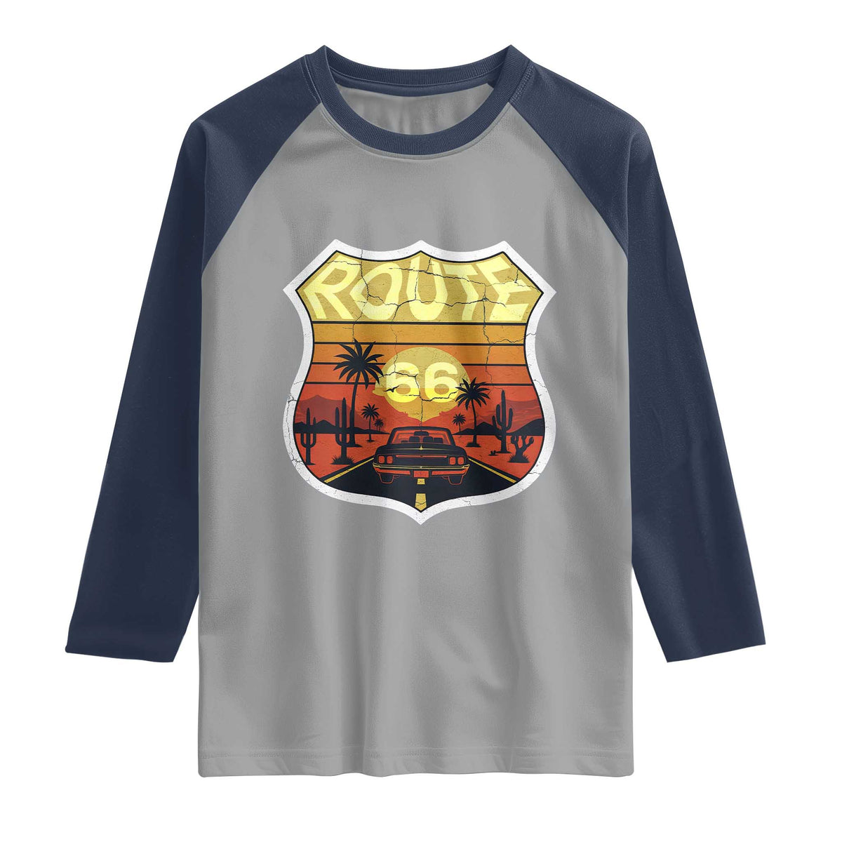 Retro Route Highway 66 Raglan Shirt Vintage Americana Road Trip TS12 Sport Gray Navy Print Your Wear