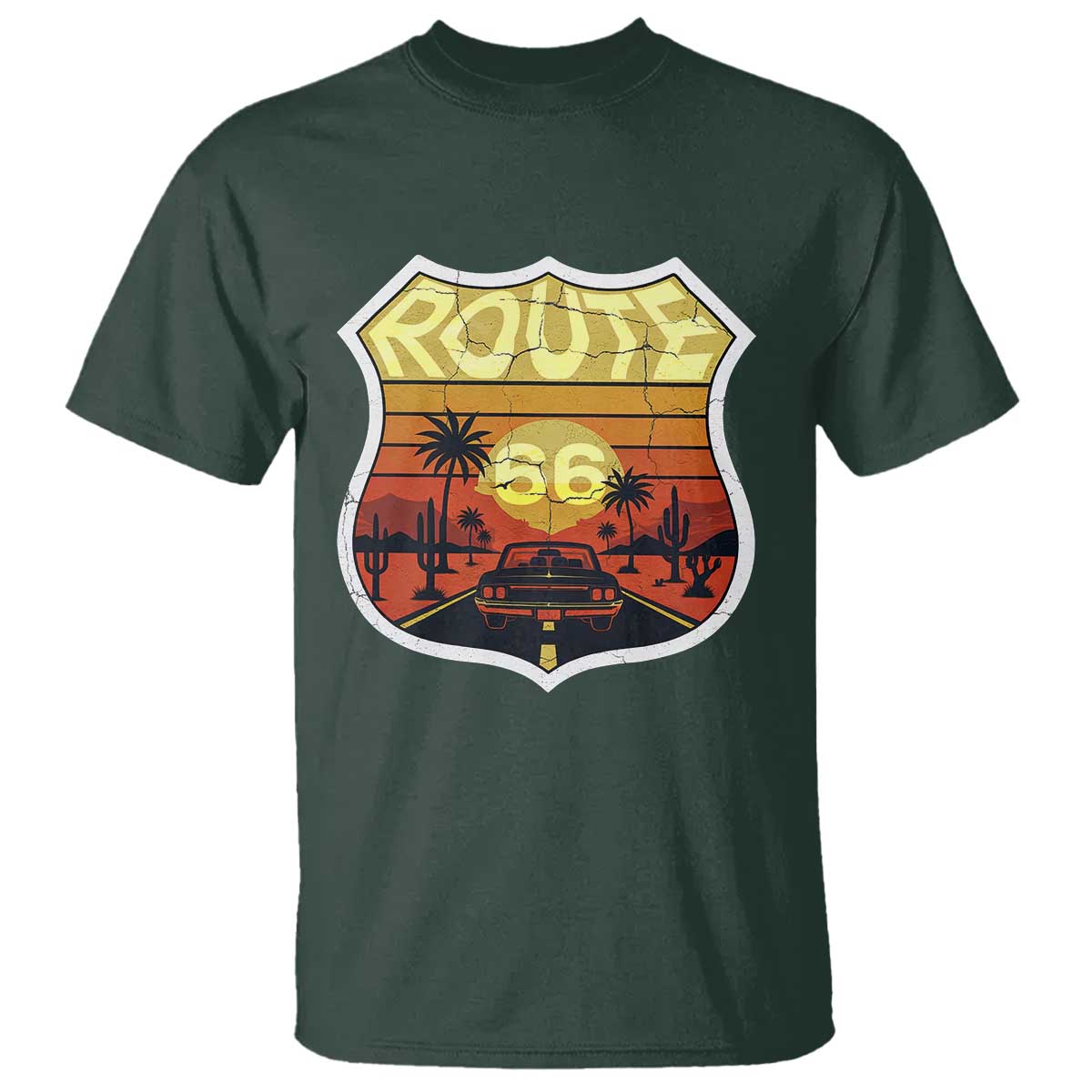 Retro Route Highway 66 T Shirt Vintage Americana Road Trip TS12 Dark Forest Green Print Your Wear