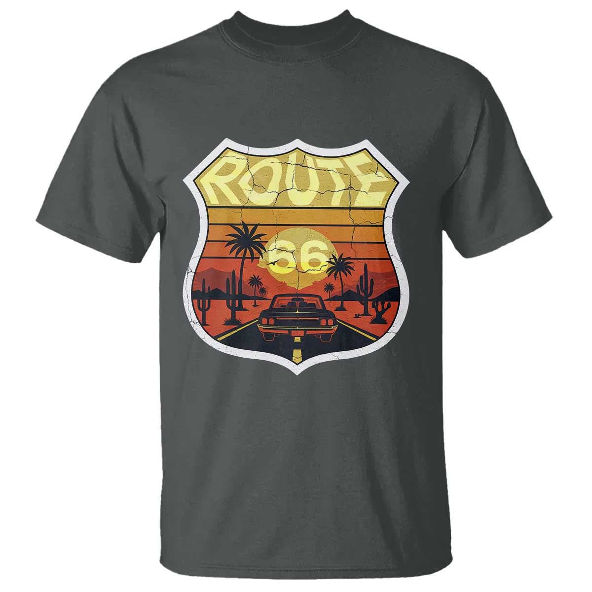 Retro Route Highway 66 T Shirt Vintage Americana Road Trip TS12 Dark Heather Print Your Wear