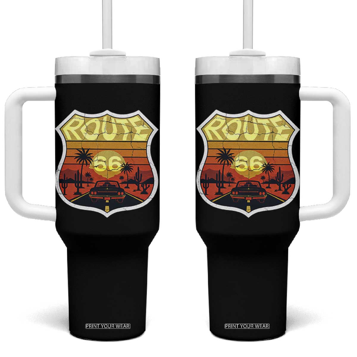 Retro Route Highway 66 Tumbler With Handle Vintage Americana Road Trip TS12 One Size: 40 oz Black Print Your Wear