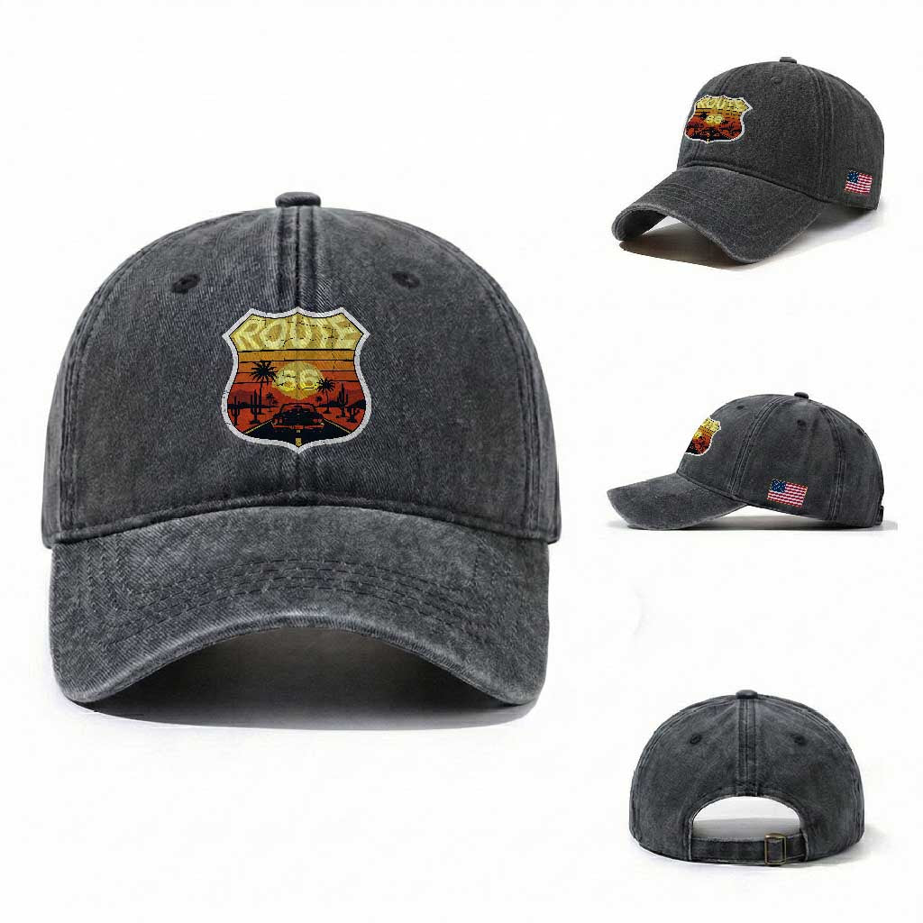 Retro Route Highway 66 Washed Cotton Baseball Cap Vintage Americana Road Trip TS12 Washed Cap Universal Fit Dark Gray Print Your Wear