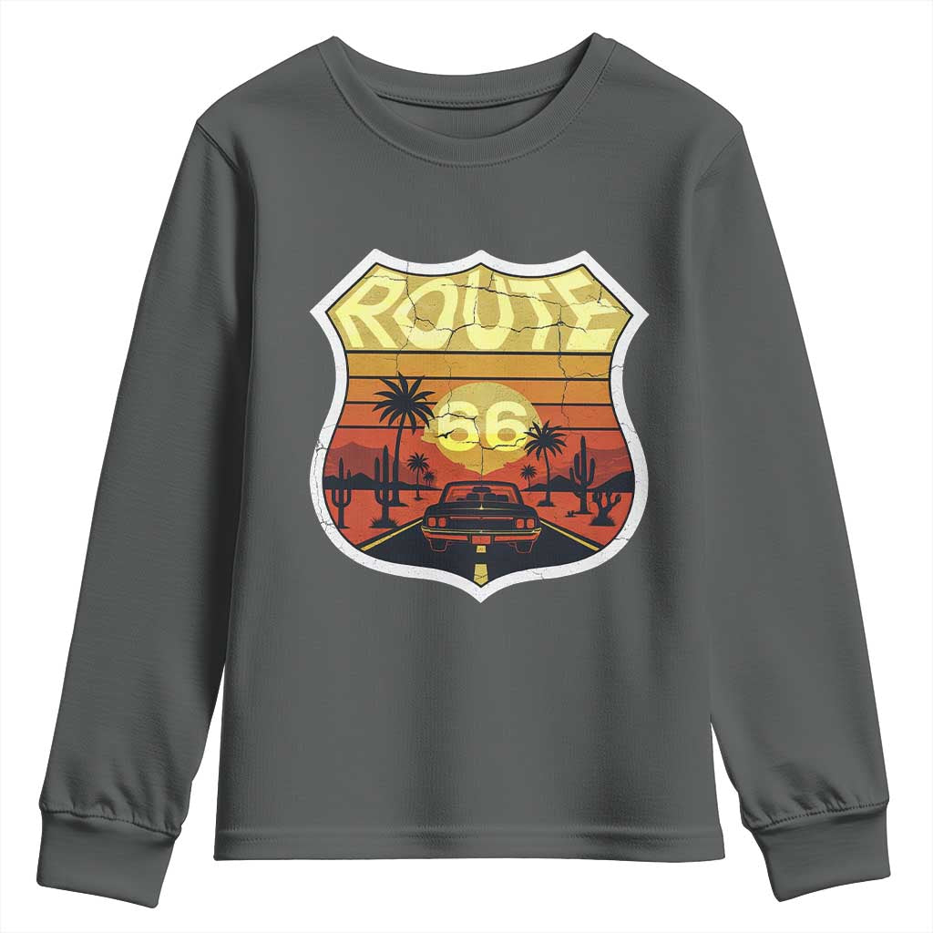 Retro Route Highway 66 Youth Sweatshirt Vintage Americana Road Trip TS12 Dark Heather Print Your Wear