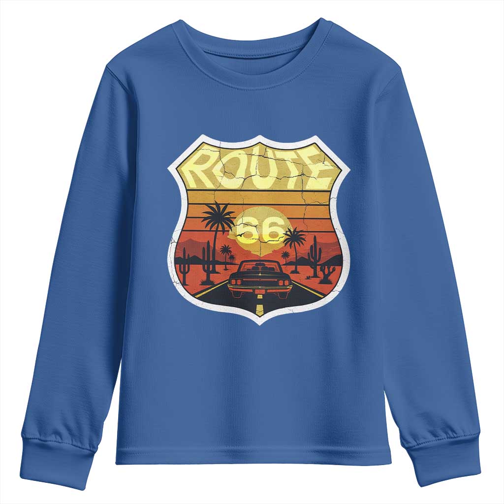 Retro Route Highway 66 Youth Sweatshirt Vintage Americana Road Trip TS12 Royal Blue Print Your Wear