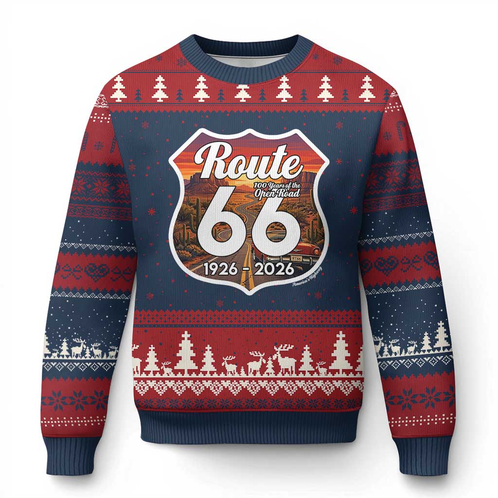 Route Highway 66 Centennial Ugly Christmas Sweater Vintage Distressed Americas Highway TS12 Navy Red Print Your Wear