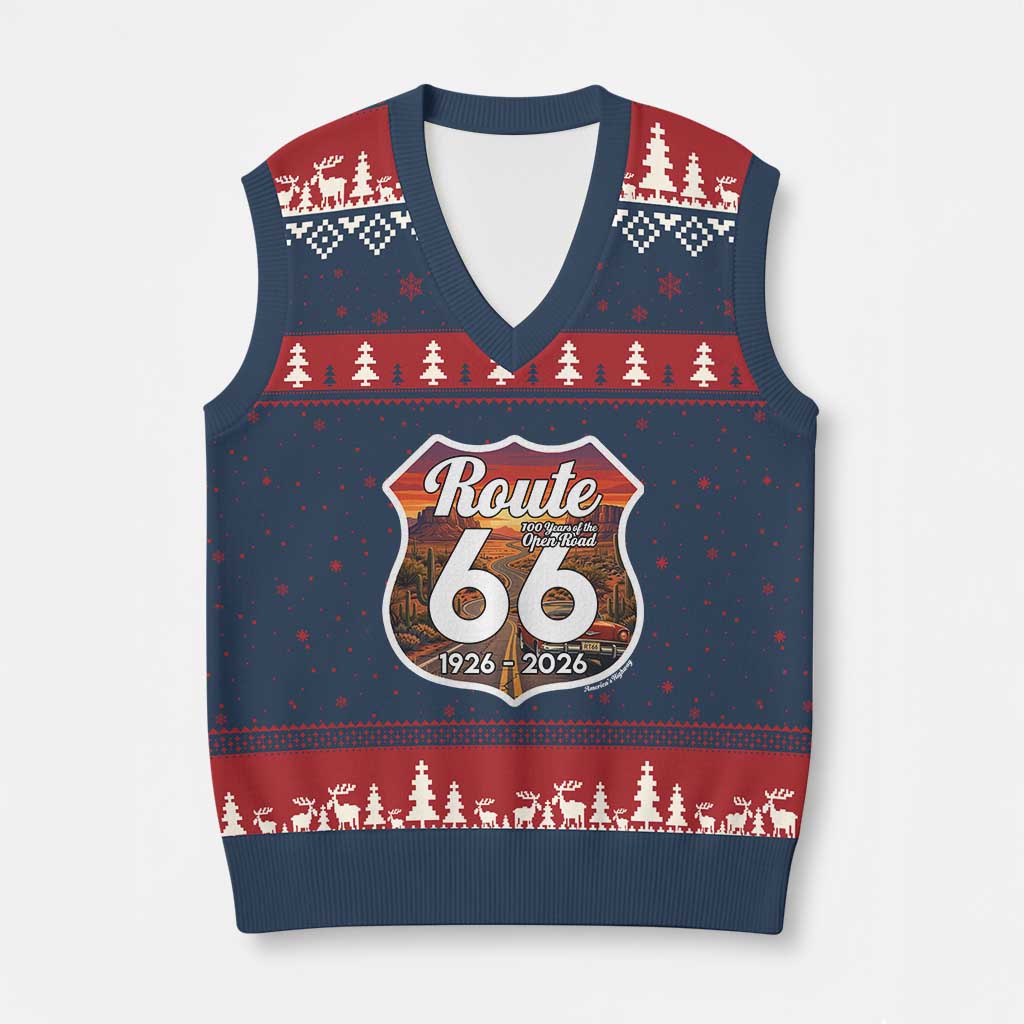 Route Highway 66 Centennial V-Neck Knit Sweater Vest Vintage Distressed Americas Highway TS12 Navy Red Print Your Wear