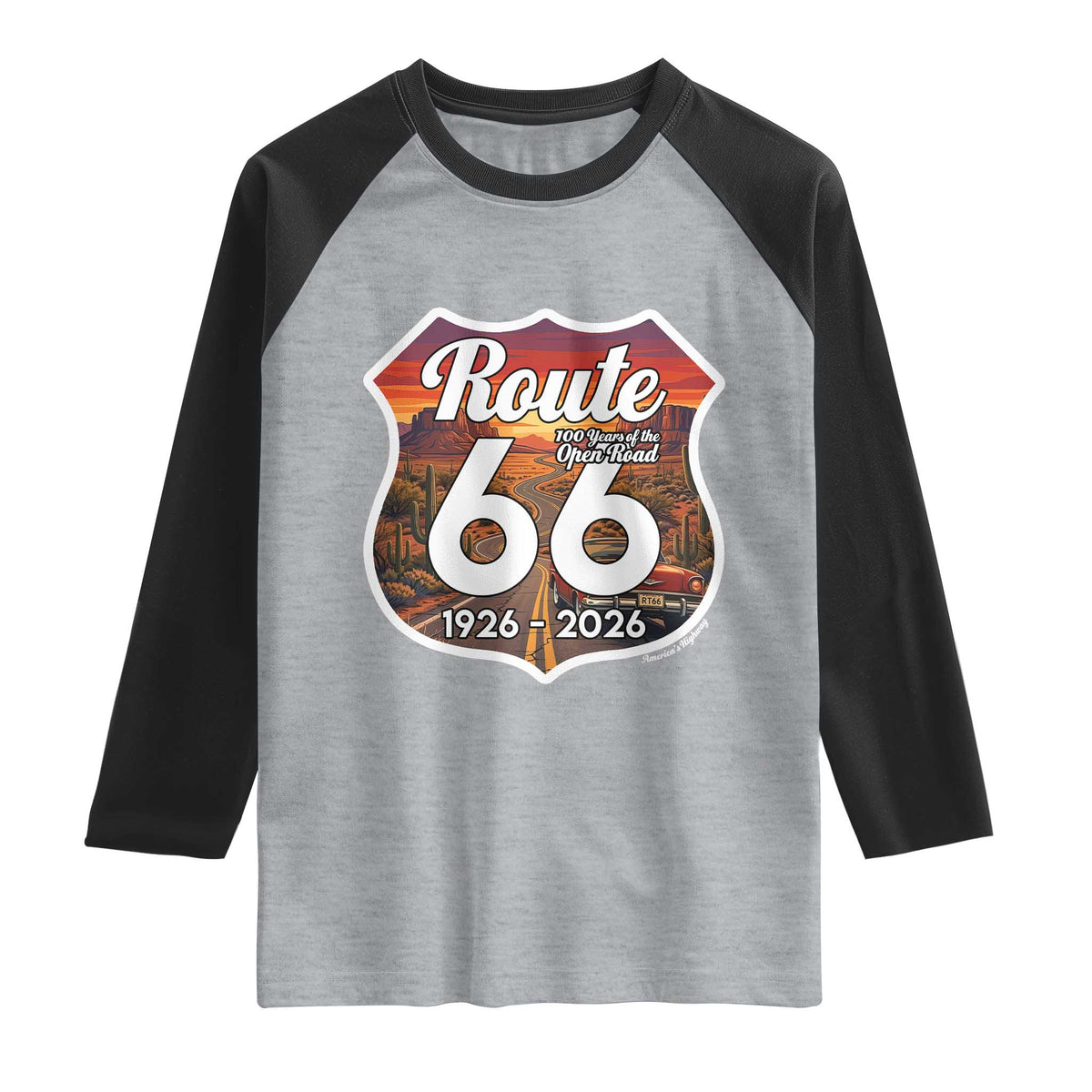 Route Highway 66 Centennial Raglan Shirt Vintage Distressed Americas Highway TS12 Heather Gray Black Print Your Wear