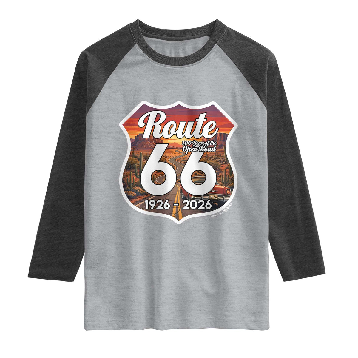 Route Highway 66 Centennial Raglan Shirt Vintage Distressed Americas Highway TS12 Heather Gray Heather Charcoal Print Your Wear