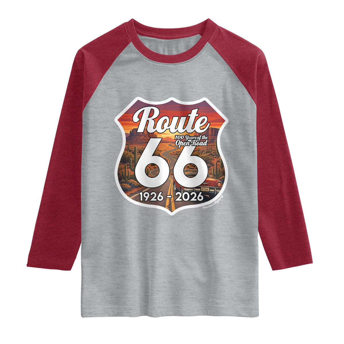 Route Highway 66 Centennial Raglan Shirt Vintage Distressed Americas Highway TS12 Heather Gray Heather Red Print Your Wear